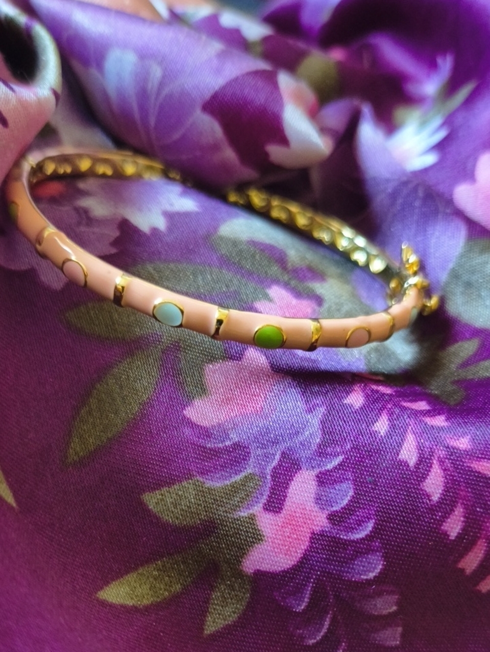 ADORABLE 14K Gold Plated baby Bangle W/ Pink, Green, White Enamel Heart Lined